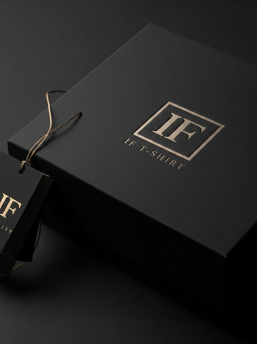 Embalagem premium IF T-Shirt com logo dourado